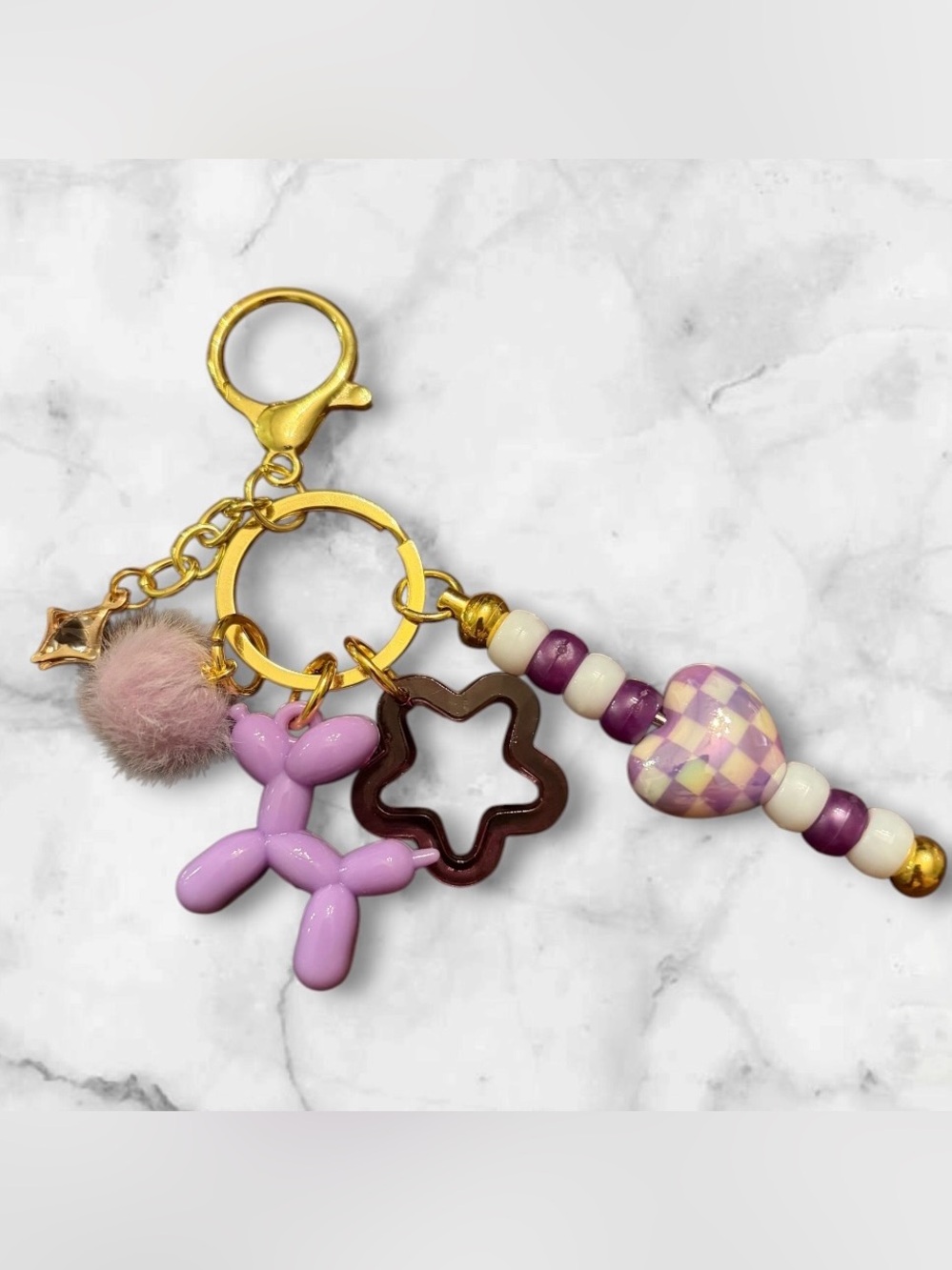 Purple Bead & Pom Pom Keychain Charm with Balloon Dog